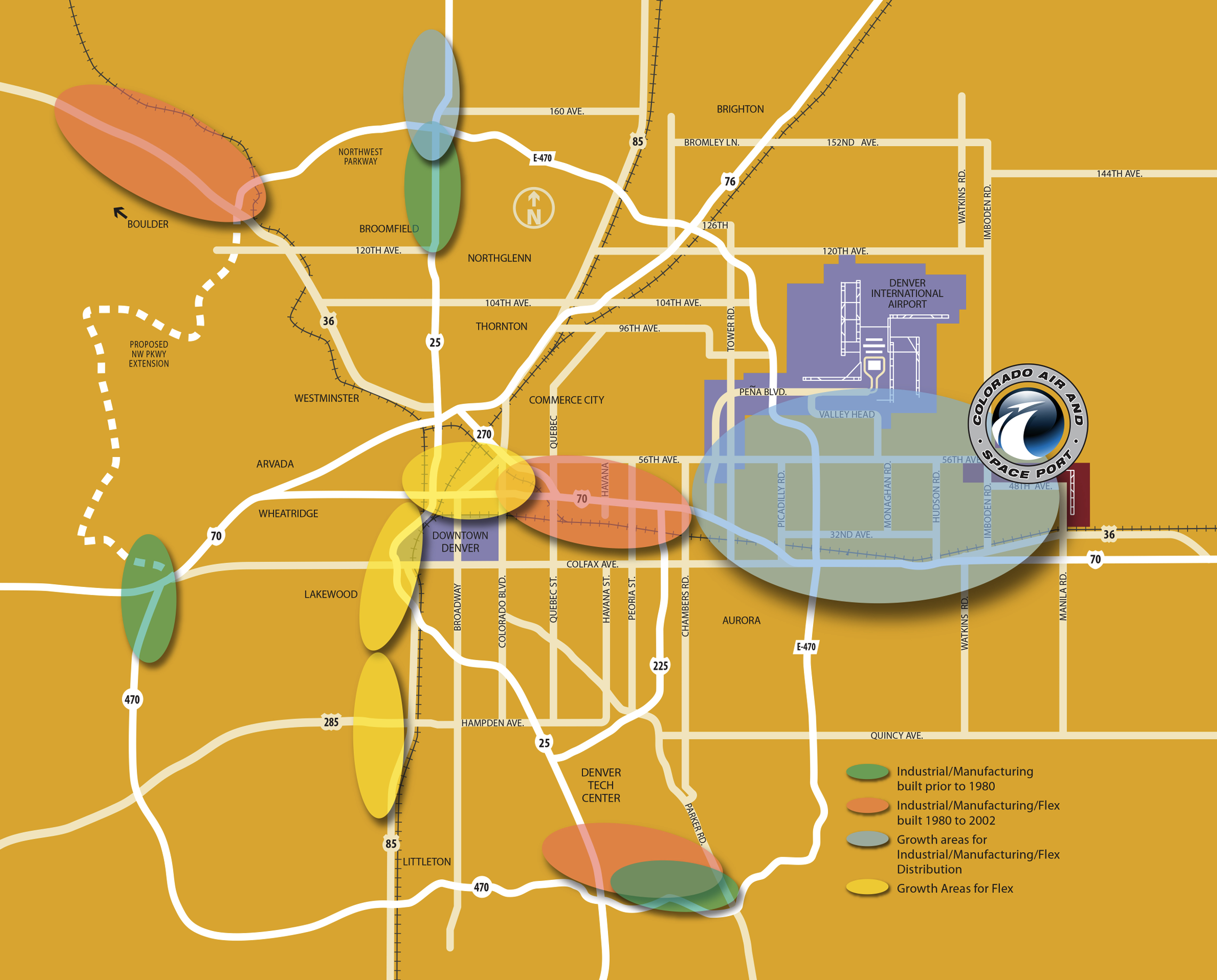 Map of Denver area highlighting industrial zones and growth areas with color-coded key.